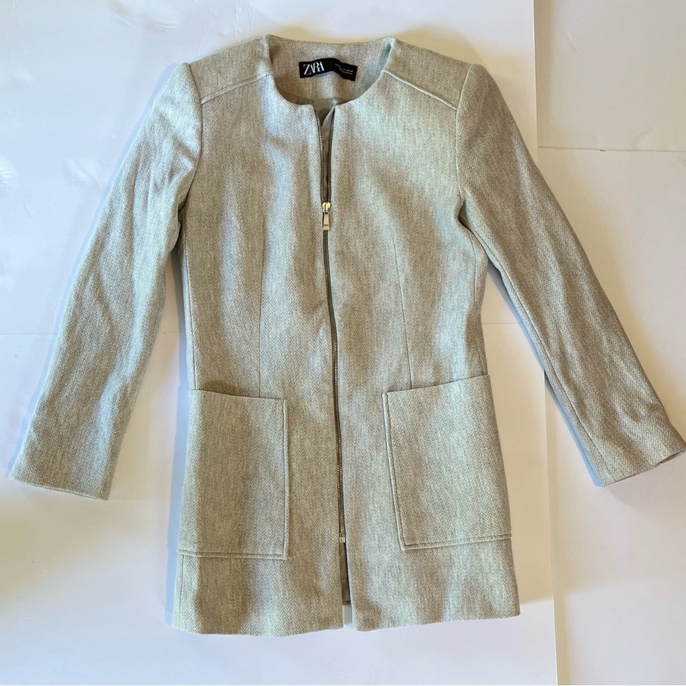 Zara Light Gray Zip-Front Long Blazer